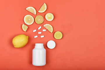 Vitamin C nutrition pills, Natural medicine supplement from organic fresh fruit and vegetable, Healthy beauty food diet