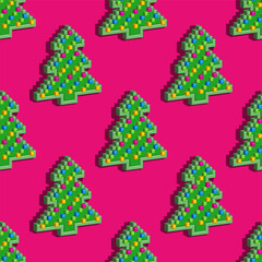 Seamless pattern. Christmas pixel tree on pink