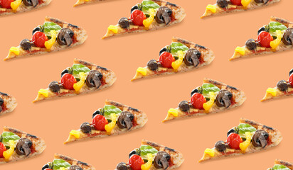 Pizza slices on pale orange background. Pattern design