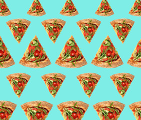 Pizza slices on light blue background. Pattern design