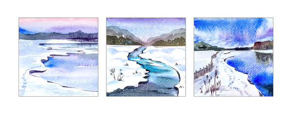 Landscapes of rivers and lakes in winter, handmade watercolor. 