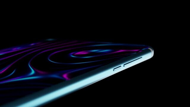Realistic mockup of smartphone on black background. Cell phone with an abstract neon glowing moving image on display. Spectacular ad or presentation of premium product. 3D animation mobile device