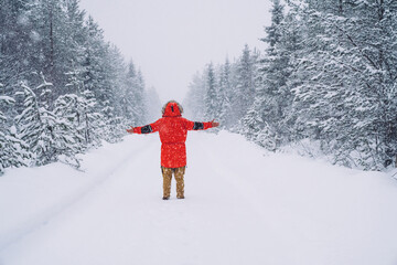 Back view of overjoyed male feeling freedom and excitement during winter vacation holidays, man traveler raising hands satisfied with journey in north