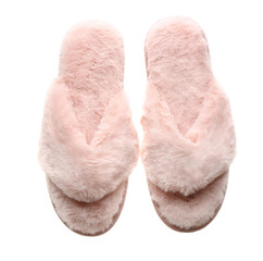 Stylish soft slippers on white background, top view