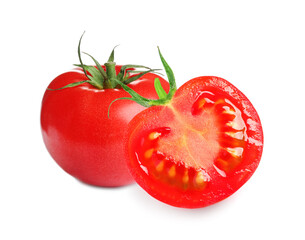 Whole and cut fresh tomatoes on white background