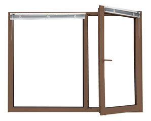 Modern plastic window with brown frame on white background