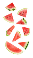 Fresh watermelon pieces falling on white background - obrazy, fototapety, plakaty