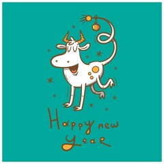 New Year card with cute cartoon bull with christmas ball. Chinese calendar symbol. Vector holiday poster. Funny animal. Contour  doodle colorful image.