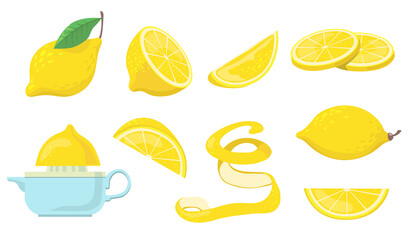 Different lemon pieces flat item set. Cartoon drawn citrus, half lemons and zest for lemonade juice isolated on white background vector illustration collection. Food and fruit concept