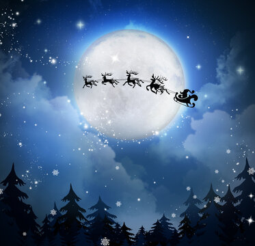 Magic Christmas eve. Santa with reindeers flying in sky on full moon night