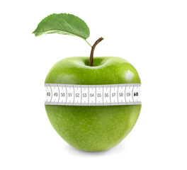 Green apple with measuring tape on white background. Slimming, weight loss concept