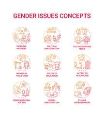 Gender issues concept icons set. Changing gender roles. Community events participation. Comunity troubles types idea thin line RGB color illustrations. Vector isolated outline drawings