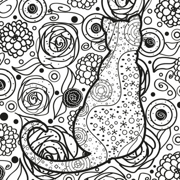 Square pattern with zen cat. Hand drawn abstract background. Design for spiritual relaxation for adults. Black and white illustration