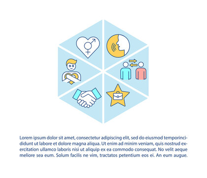 Gender issues concept icon with text. Women and men social rights. Inclusive community PPT page vector template. Brochure, magazine, booklet design element with linear illustrations