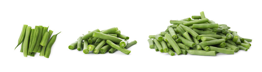 Set of fresh green beans on white background. Banner design