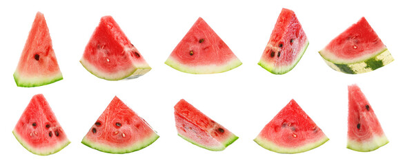 Set of fresh watermelon slices on white background. Banner design