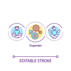 Cisgender concept icon. Biological man. Female from birth. Human sex and identity. Gender issues idea thin line illustration. Vector isolated outline RGB color drawing. Editable stroke
