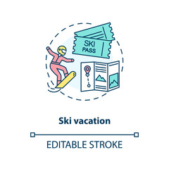 Ski vacation concept icon. Winter holiday destination idea thin line illustration. Skiing experience. Vacation for active travelers. Vector isolated outline RGB color drawing. Editable stroke