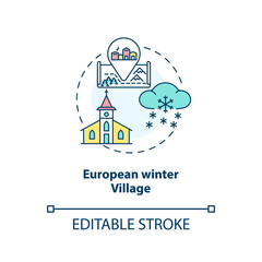 European winter village concept icon. Winter vacation destination idea thin line illustration. Christmas idyllic town in Europe. Vector isolated outline RGB color drawing. Editable stroke