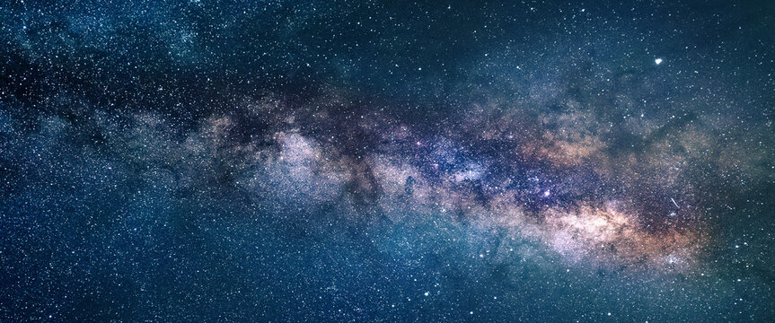 Milky way panorama as background image. Night starry sky with stars, planets, constellations and galaxies.
