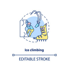 Ice climbing concept icon. Winter outdoor activity idea thin line illustration. Special equipment. Ice axes, ropes and crampons. Vector isolated outline RGB color drawing. Editable stroke