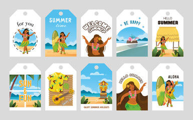 Vivid promo tags design for Hawaii vector illustration. Hawaiian elements and text. Summertime and vacation concept. Template for promotion poster, advertising label or flyer