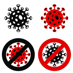 Vector illustration. Set Coronavirus, 2019-nCoV, Covid-19. Abstract concept STOP CORONAVIRUS. Flat outline virus icons and stop sign (crossed out), virus icon on white background.