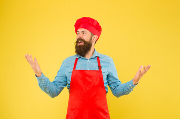 Cook bearded man excited about delicious meals prepared at home