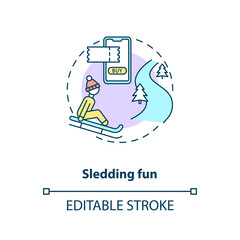 Sledding fun concept icon. Hygge lifestyle idea thin line illustration. Winter outdoor activity. Enjoying life simple pleasures. Vector isolated outline RGB color drawing. Editable stroke