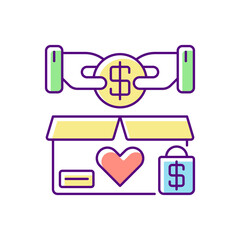 Charity shop RGB color icon. Charitable sale, nonprofit organization. Collecting money for social causes. Voluntary financial support. Isolated vector illustration