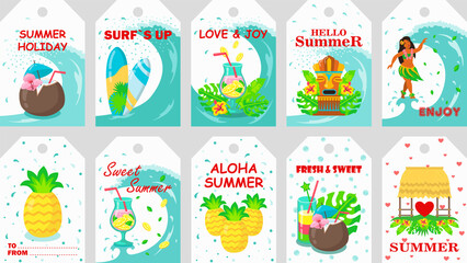 Summer holidays tags design set. Ocean waves, tropical beach and cocktails, fruit and surfing boards vector illustrations with text. Template for travel labels, greeting or invitation cards