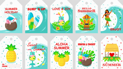 Naklejka premium Summer holidays tags design set. Ocean waves, tropical beach and cocktails, fruit and surfing boards vector illustrations with text. Template for travel labels, greeting or invitation cards