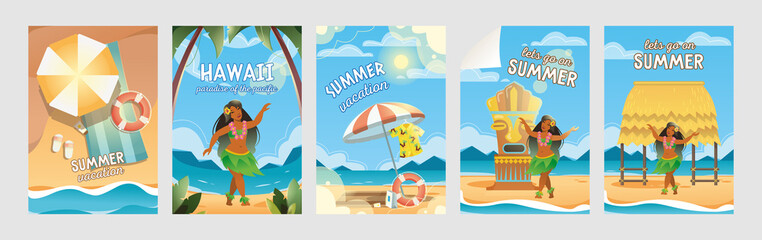 Colorful banners for Hawaii vacation vector illustration. Beach and sea on background with text. Summer vacation and travel concept. Template for promotion poster, advertising label or flyer