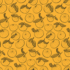 Tangerine pattern. Organic food, vector doodle hand drawn sketch style. Mandarin background for fabric print, textiles, wrapping paper, food packaging.
