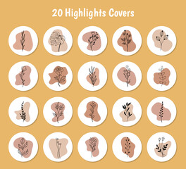 Set of pastel colors vector highlight covers. Abstract backgrounds, shapes, lines, spots, dots, doodle objects with linear flowers. Round icons for social media stories.