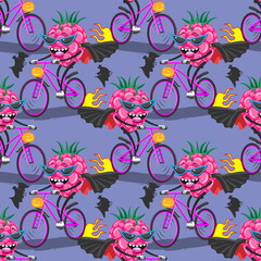 seamless pattern cartoon raspberry in sunglasses raincoat bat on bike rides Halloween, vector image