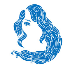 Fantasy minimal logo portrait girl with hair in the form of sea waves. Water nymph, mermaid . Woman, female symbol of element of aqua ocean. For tattoo, print, cosmetics. Blue on white.