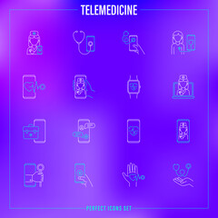 Telemedicine thin line icons set. Online consultation, non-contact diagnostics, medical mobile app, medical support, ask doctor, video call with therapist. Vector illustration.