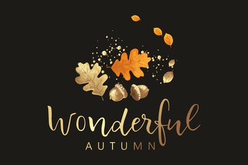 Autumn collage of golden acorns, orange and golden leaves on the black background, hand-drawn.