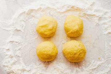 Four balls dough of Italian pasta top view