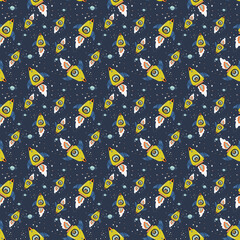 Seamless pattern with astronaut kid and cat in rocket ships. illustration, scandinavian style. Stars, planet. Children textile,t-shirt print,bed linens,fabric,wallpaper,paper,back to school