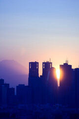 Fototapeta na wymiar 新宿高層ビル群と太陽と富士山
