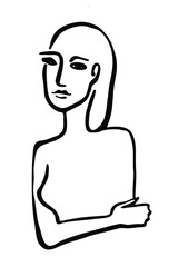 Dreamer woman concept sketch. Young, beautiful, pensive girl is sitting and hugging herself. Vector hand drawn line  illustration isolated on white background. Minimalism style sketch.