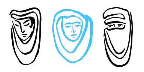 Set of Muslim women in  Hijab or Burka. Line art vector illustration of arabic muslim female fases in scarfs  for social media template and banners.