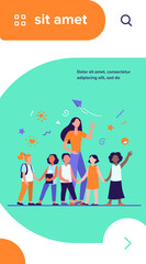 Young teacher with joyful kids isolated flat vector illustration. Cartoon happy children in kindergarten or school. Pedagogy and education concept