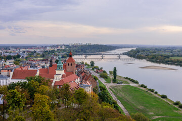 Sightseeing of Poland. Cityscape of Grudziadz, aerial view of the historic center and Wisla river