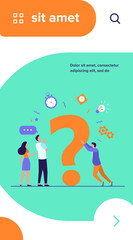 People searching solutions and asking for help. Men and women discussing huge question mark. Vector illustration for communication, assistance, consulting concept