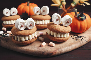 Delicious Halloween themed desserts on wooden table, closeup