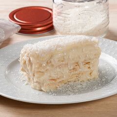 .Coconut cake. made with puff pastry and known in Brazil as the Napoleon Hat