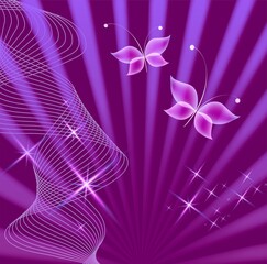 Glowing image with magic butterflies. Transparent reflective background for graphic design. Neon purple pictures.